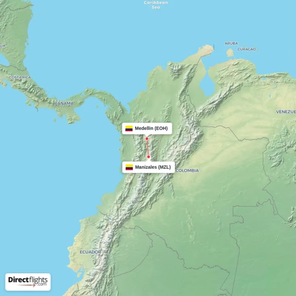 Manizales - Medellin direct flight map