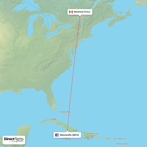 Manzanillo - Montreal direct flight map