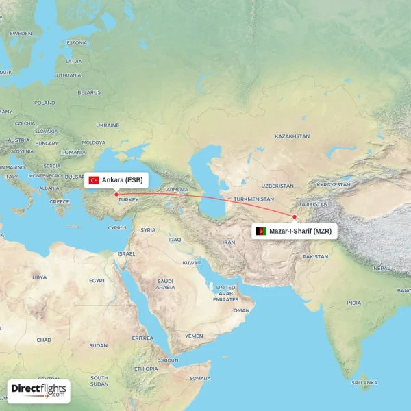 Mazar-I-Sharif - Ankara direct flight map