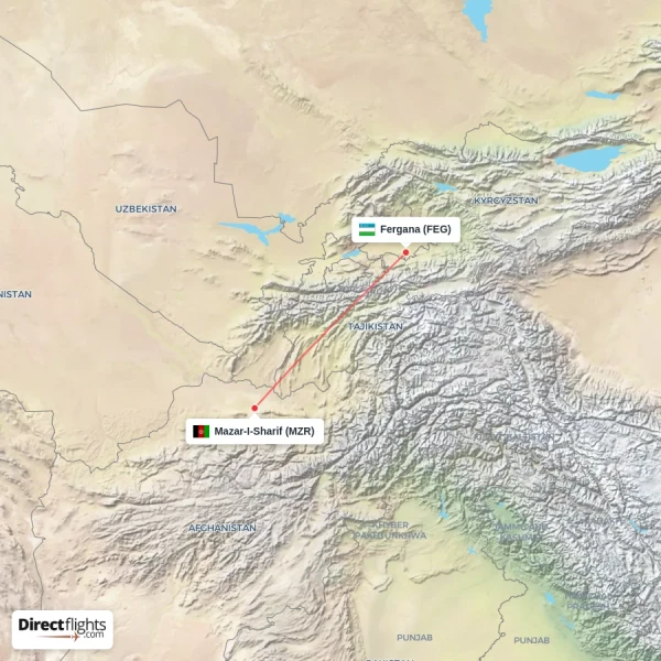 Mazar-I-Sharif - Fergana direct flight map