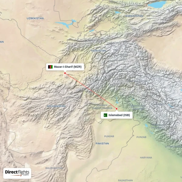 Mazar-I-Sharif - Islamabad direct flight map