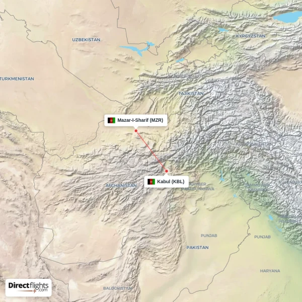 Mazar-I-Sharif - Kabul direct flight map