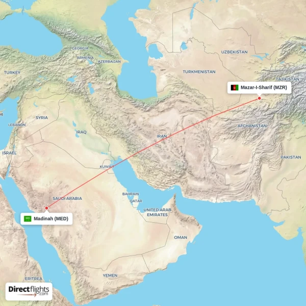 Mazar-I-Sharif - Madinah direct flight map