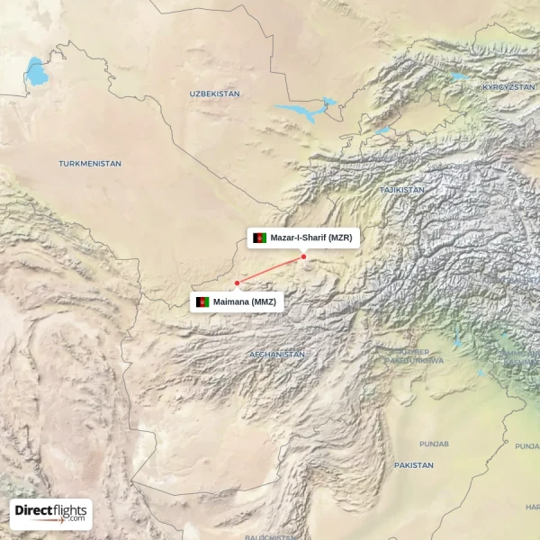 Mazar-I-Sharif - Maimana direct flight map