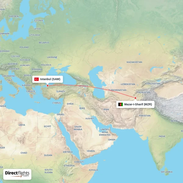 Mazar-I-Sharif - Istanbul direct flight map