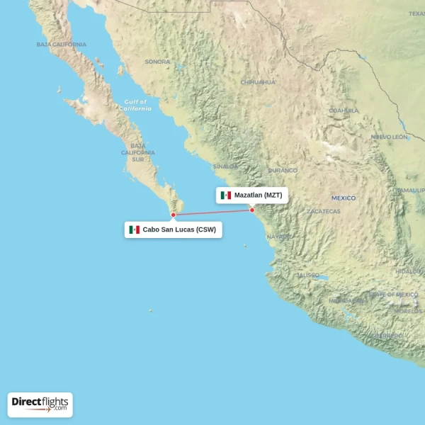 Mazatlan - Cabo San Lucas direct flight map