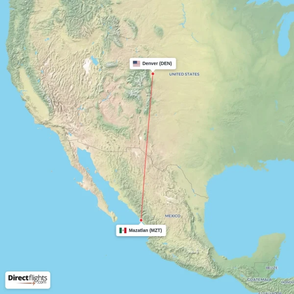 Mazatlan - Denver direct flight map