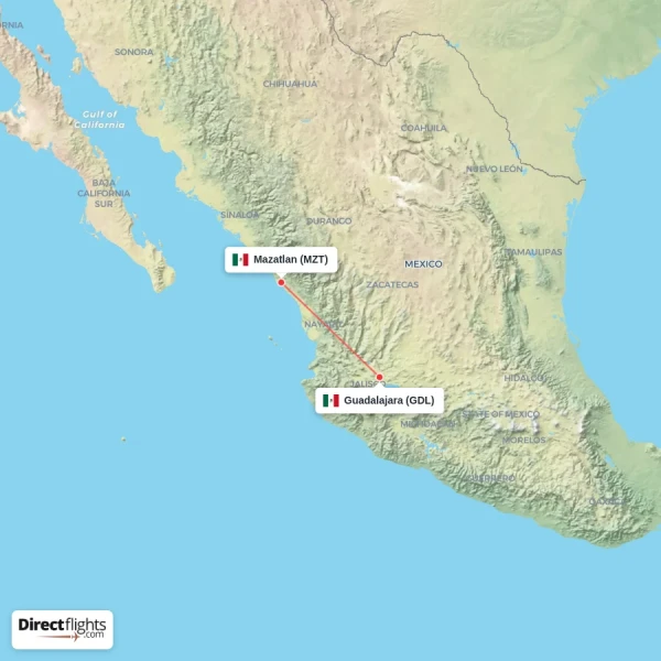 Mazatlan - Guadalajara direct flight map