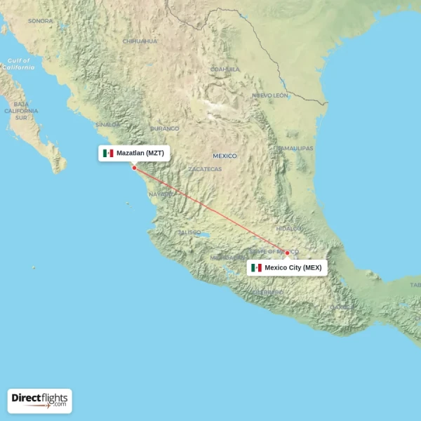 Mazatlan - Mexico City direct flight map