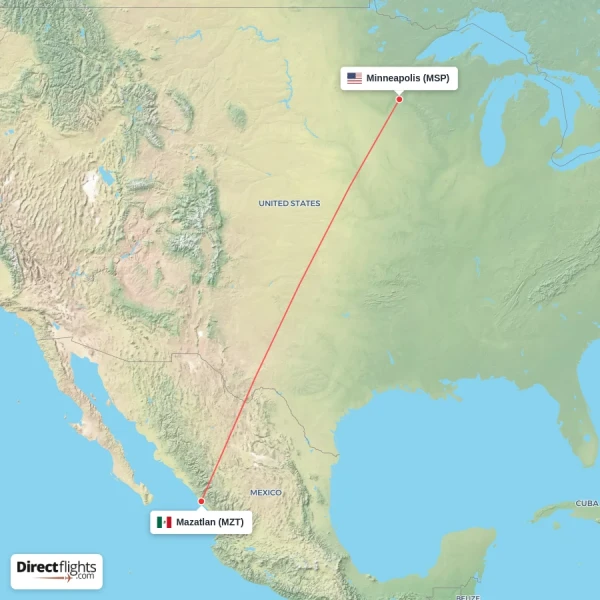 Mazatlan - Minneapolis direct flight map
