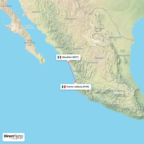 Mazatlan - Puerto Vallarta direct flight map