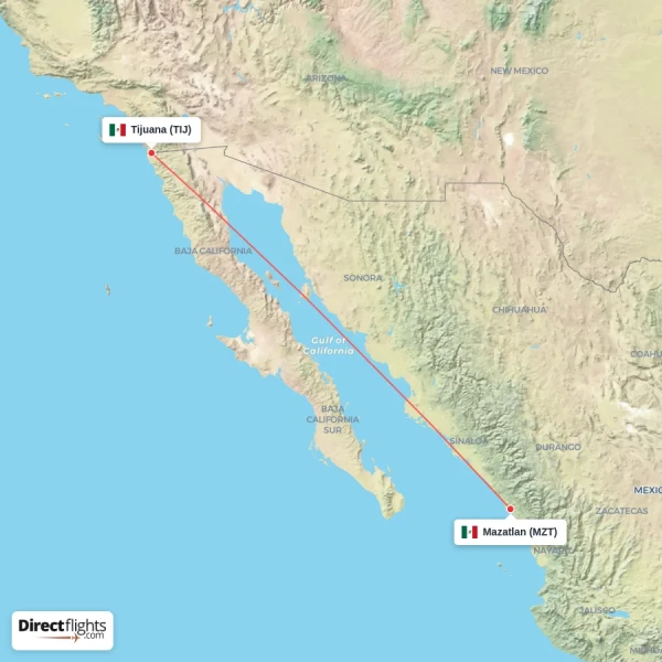Mazatlan - Tijuana direct flight map
