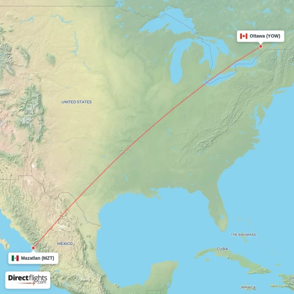 Mazatlan - Ottawa direct flight map