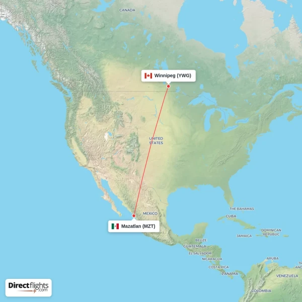 Mazatlan - Winnipeg direct flight map