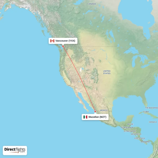 Mazatlan - Vancouver direct flight map