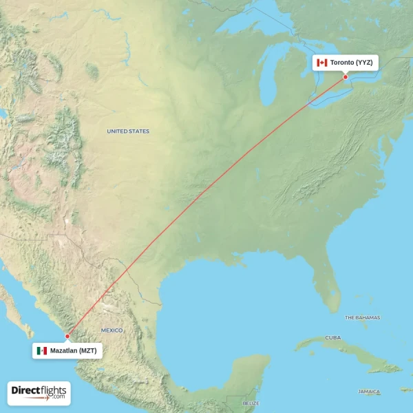 Mazatlan - Toronto direct flight map