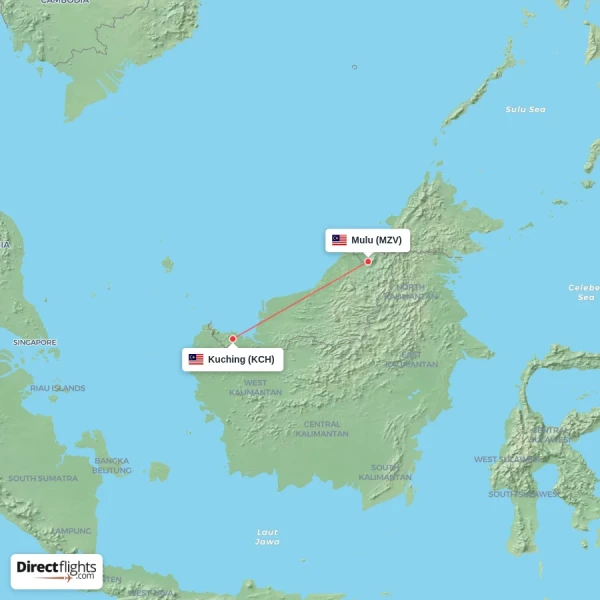 Mulu - Kuching direct flight map