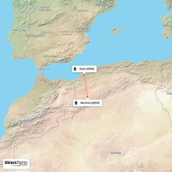 Mechria - Oran direct flight map