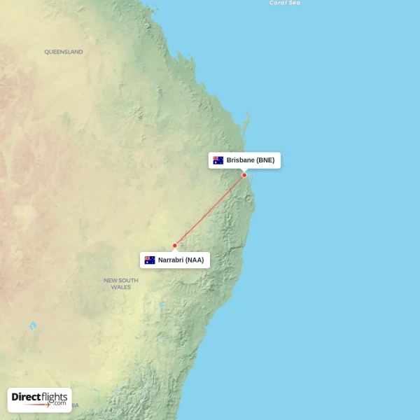 Narrabri - Brisbane direct flight map