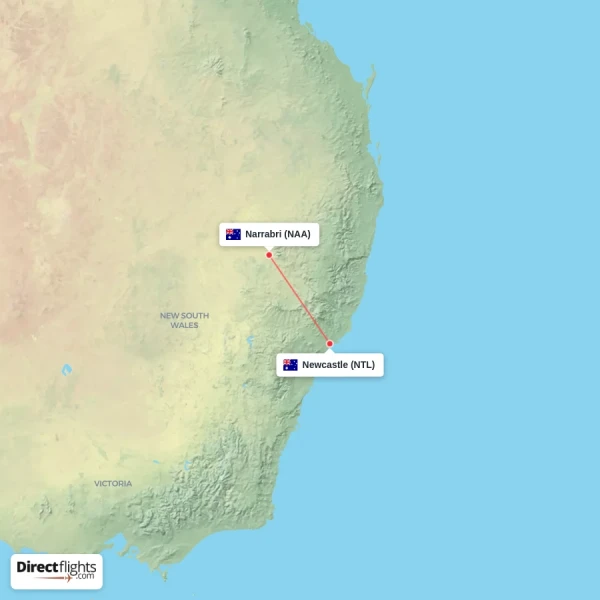 Narrabri - Newcastle direct flight map