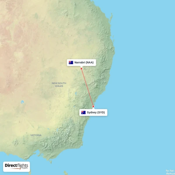 Narrabri - Sydney direct flight map