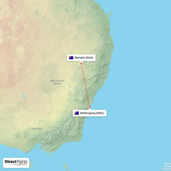 Narrabri - Wollongong direct flight map