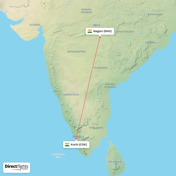 Nagpur - Kochi direct flight map