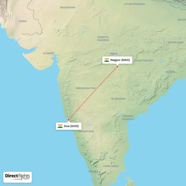 Nagpur - Goa direct flight map