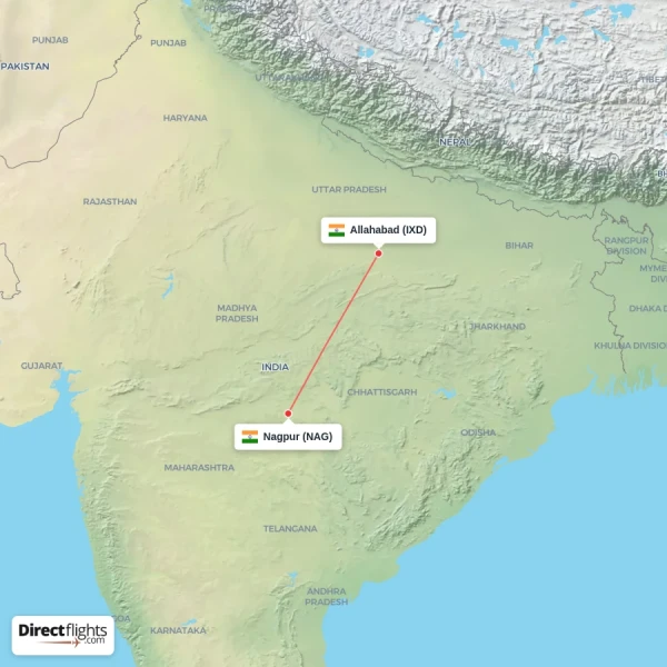 Nagpur - Allahabad direct flight map