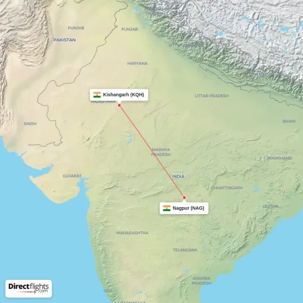 Nagpur - Kishangarh direct flight map