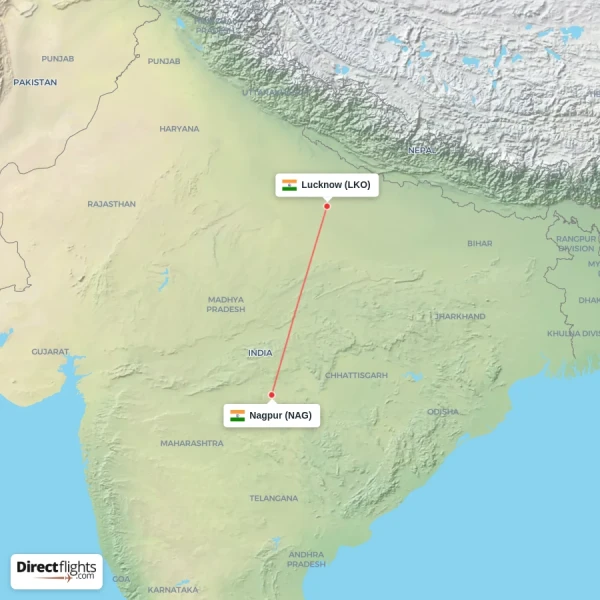 Nagpur - Lucknow direct flight map