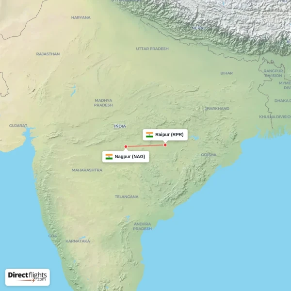 Nagpur - Raipur direct flight map