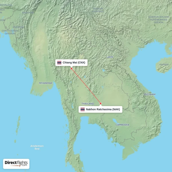 Nakhon Ratchasima - Chiang Mai direct flight map