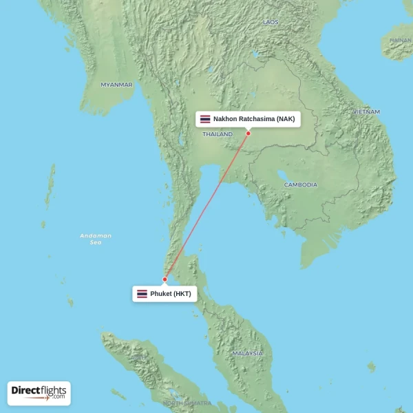 Nakhon Ratchasima - Phuket direct flight map