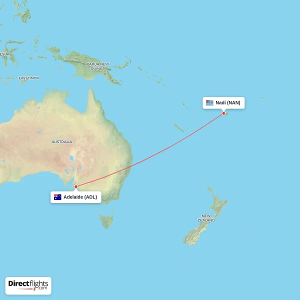 Nadi - Adelaide direct flight map
