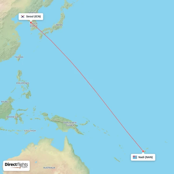 Nadi - Seoul direct flight map