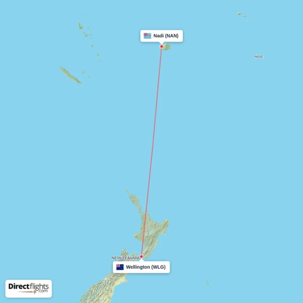 Nadi - Wellington direct flight map