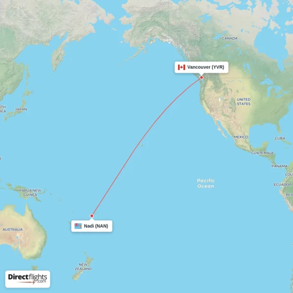 Nadi - Vancouver direct flight map
