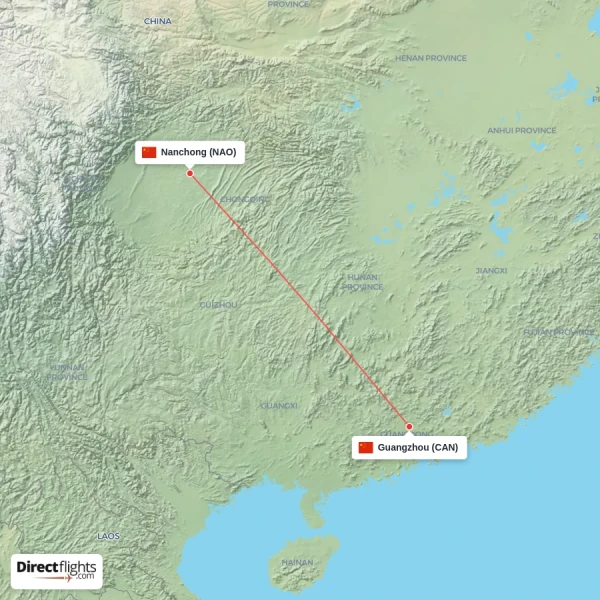 Nanchong - Guangzhou direct flight map