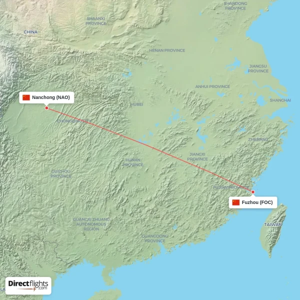 Nanchong - Fuzhou direct flight map