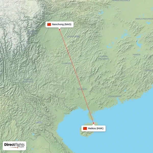 Nanchong - Haikou direct flight map