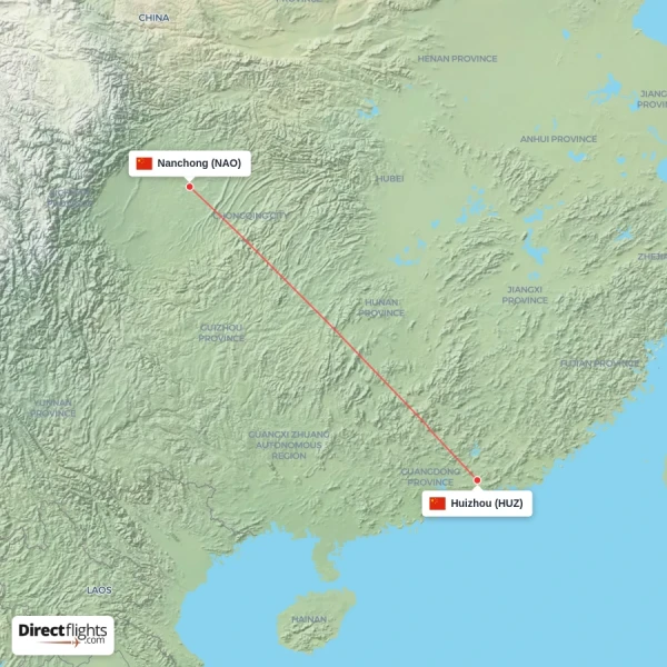 Nanchong - Huizhou direct flight map