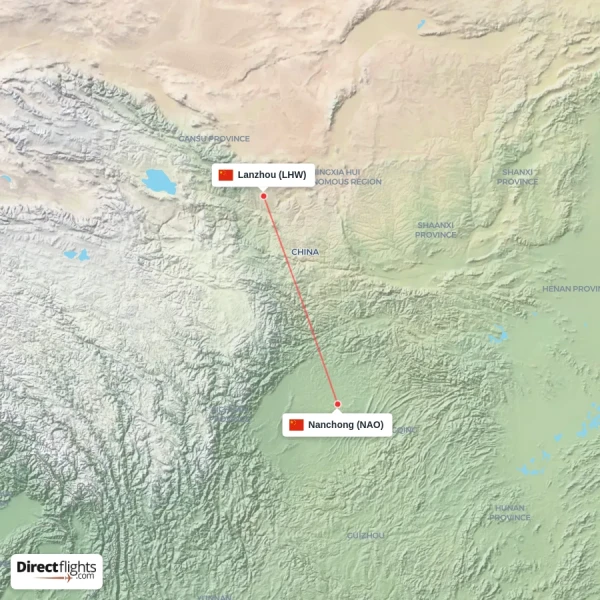 Nanchong - Lanzhou direct flight map