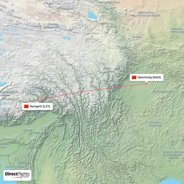Nanchong - Nyingchi direct flight map