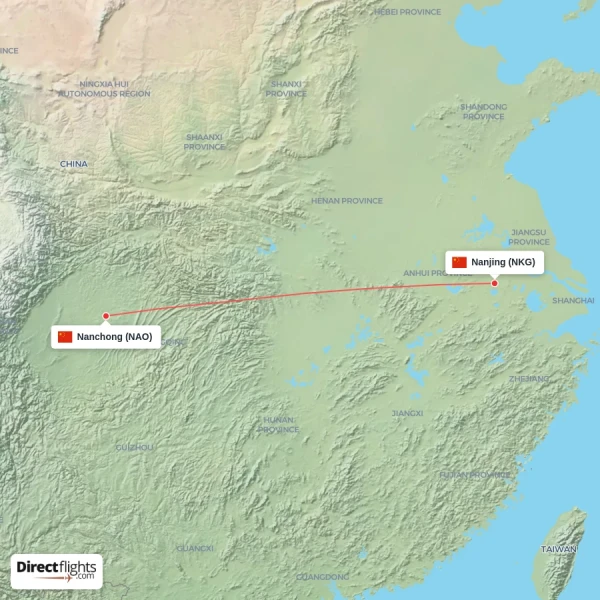Nanchong - Nanjing direct flight map