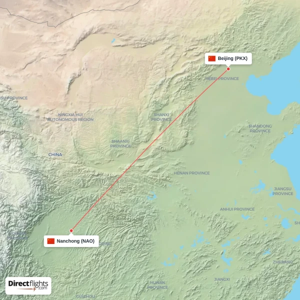 Nanchong - Beijing direct flight map