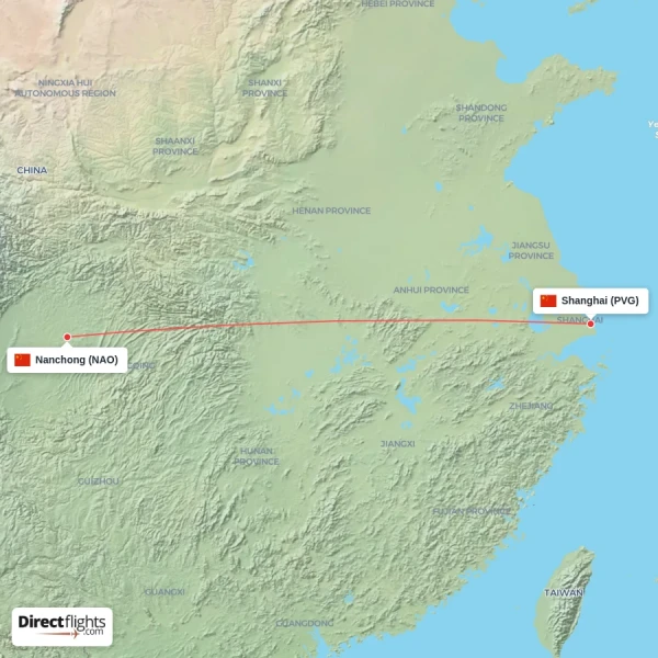 Nanchong - Shanghai direct flight map