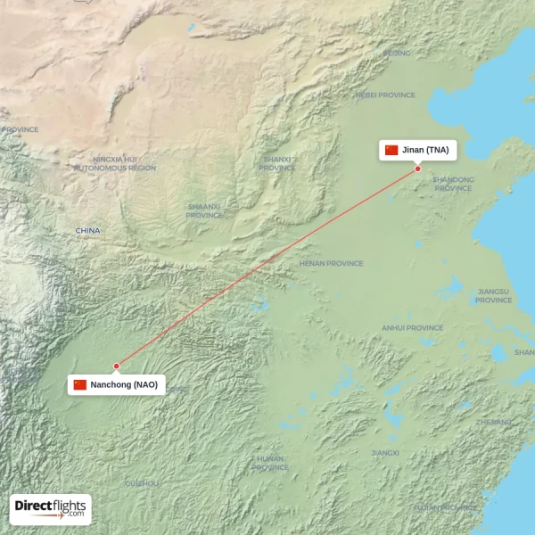 Nanchong - Jinan direct flight map