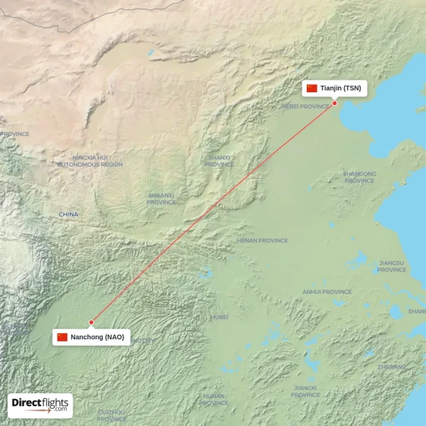 Nanchong - Tianjin direct flight map