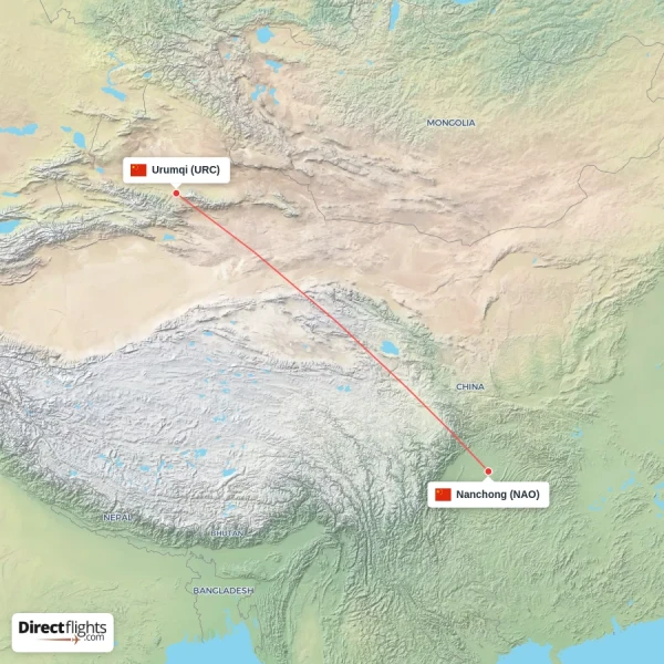 Nanchong - Urumqi direct flight map